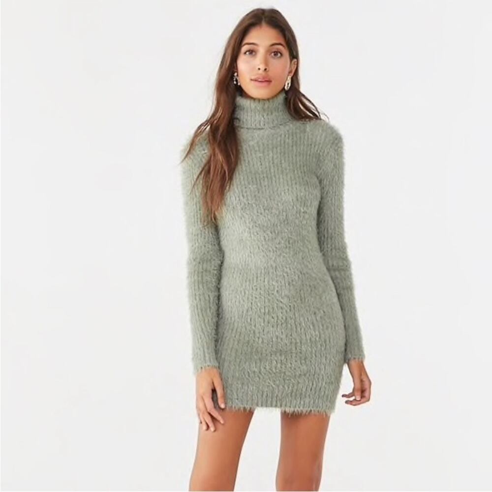 Forever 21 Women’s Olive Green Turtleneck Stretch‎ Fuzzy Knit Mini Dress Size S